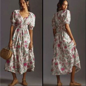 NWT Anthropologie White Floral Midi Dress with Pink & Green Print